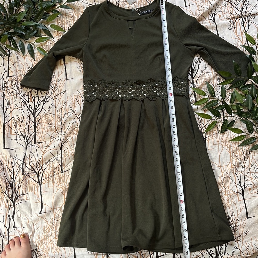 NWT Owin Army Green Floral 3/4 Sleeve Dress Size Large - Picture 5 of 10